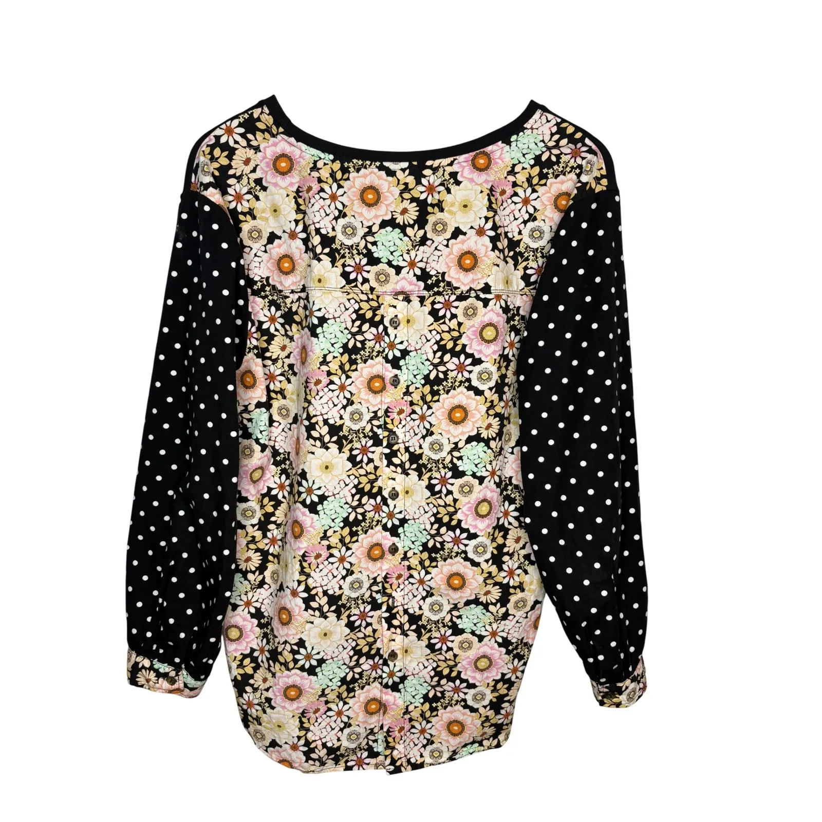 Anthropologie Maeve Black Polka Dot Floral Patchwork Split Back Top Size Small - Image 6
