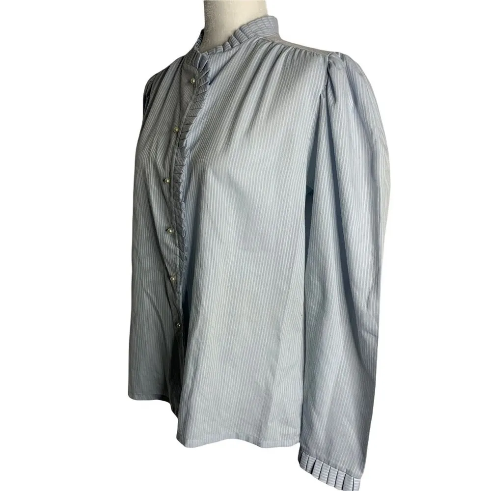 Vintage Pleated Collar Button Down Shirt M Blue Stripe Pearl Buttons Long Sleeve - Image 5