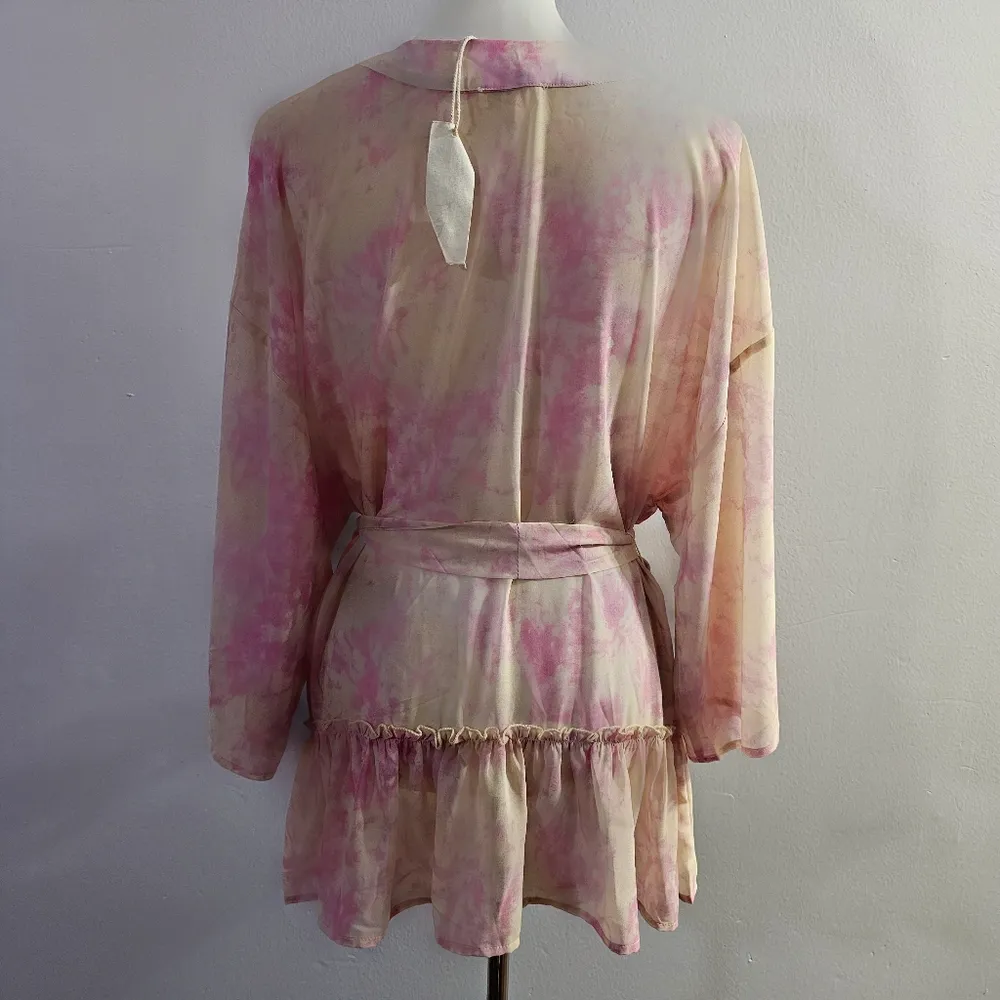 Mystree Pink & Yellow Tie Dye Ruffle Hem Belted Kimono Size M/L - Image 7