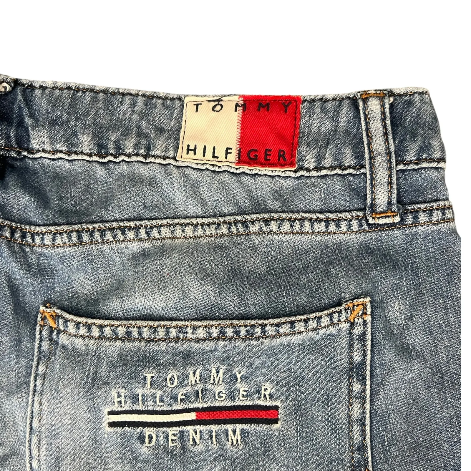 Tommy Hilfiger Copain Boyfriend Light Wash Logo Raw Hem Capri Cargo Jeans Size 8 - Image 13