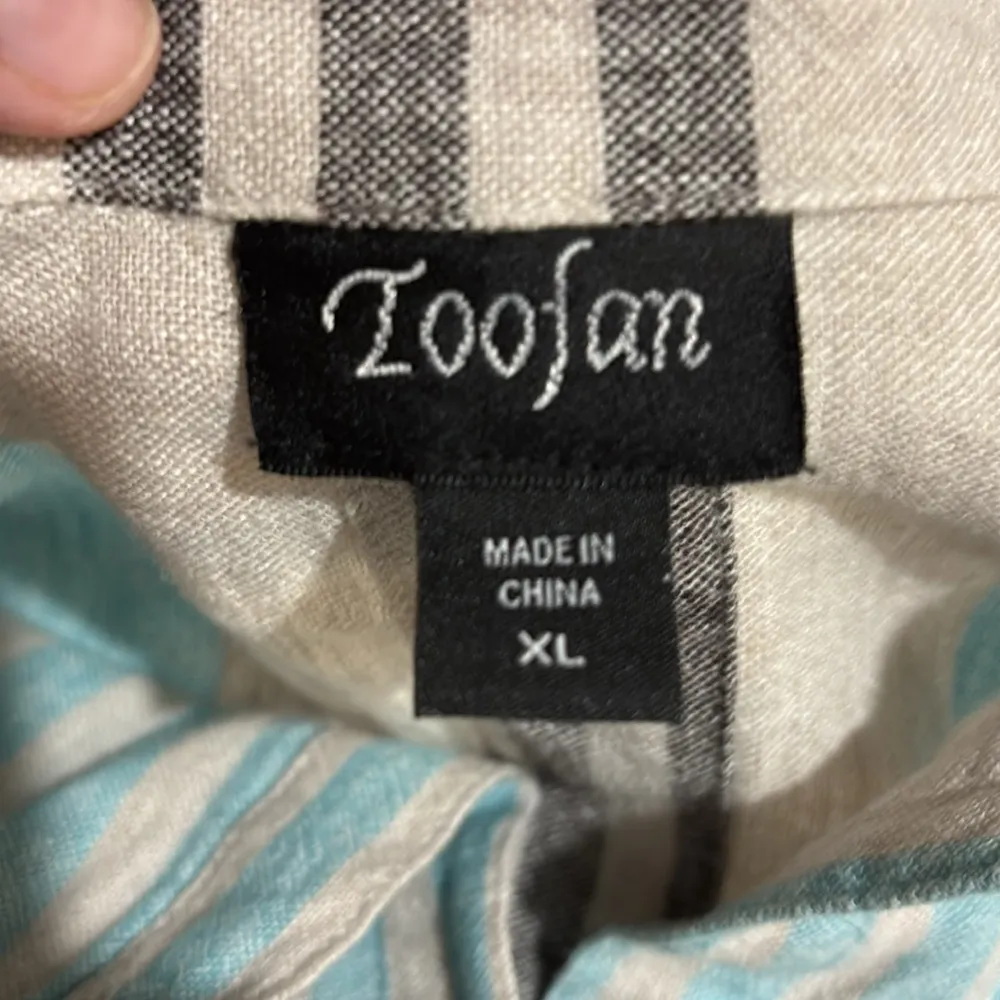 XL 100% Linen Tunic button up striped LONG shell buttons long sleeve Beachy Tan - Image 7