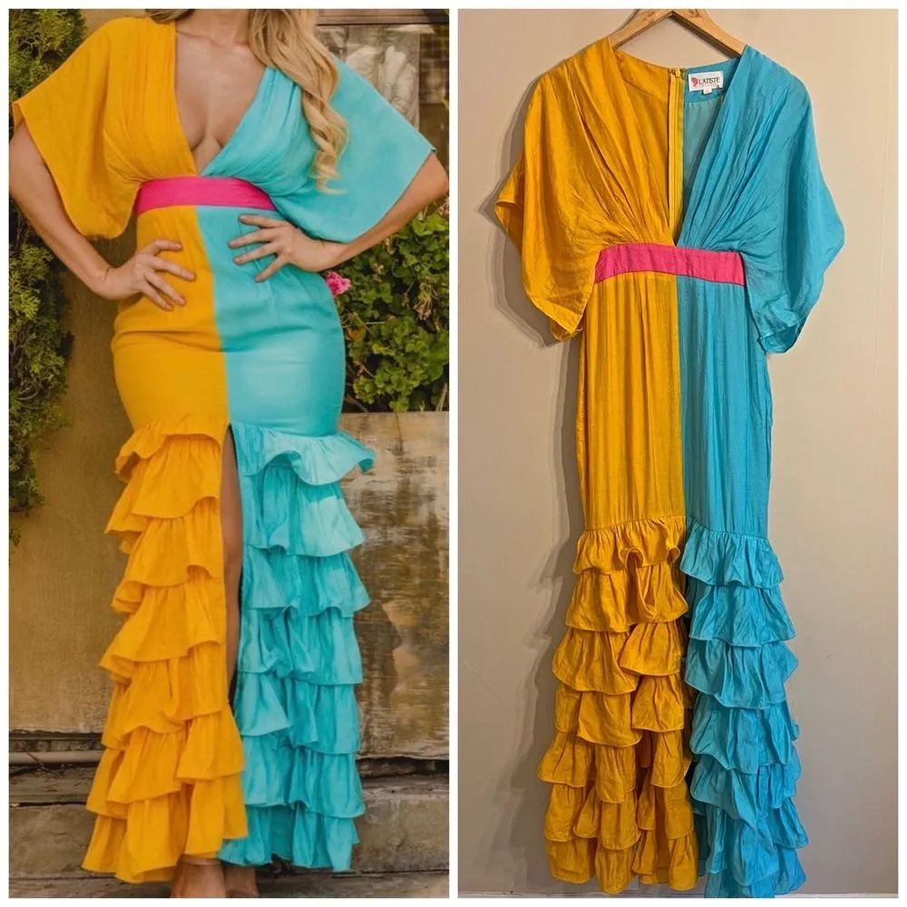 Vibrant Colorblock Ruffle Maxi Dress NWT Resort Wedding Guest Gown Small - Image 2