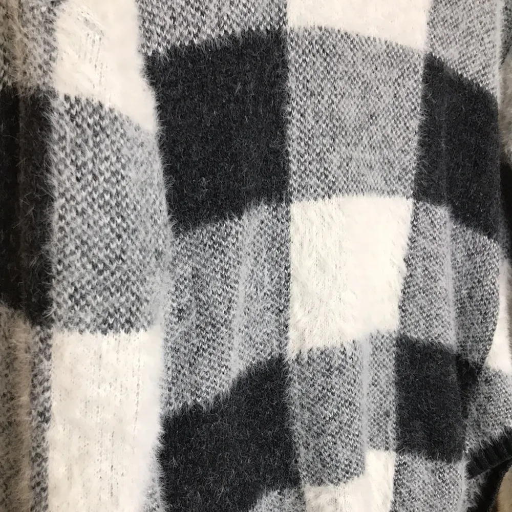 Express Women’s Fuzzy Faux Fur Buffalo Check Plaid Cut Out Cold Shoulder Sweater - Image 4