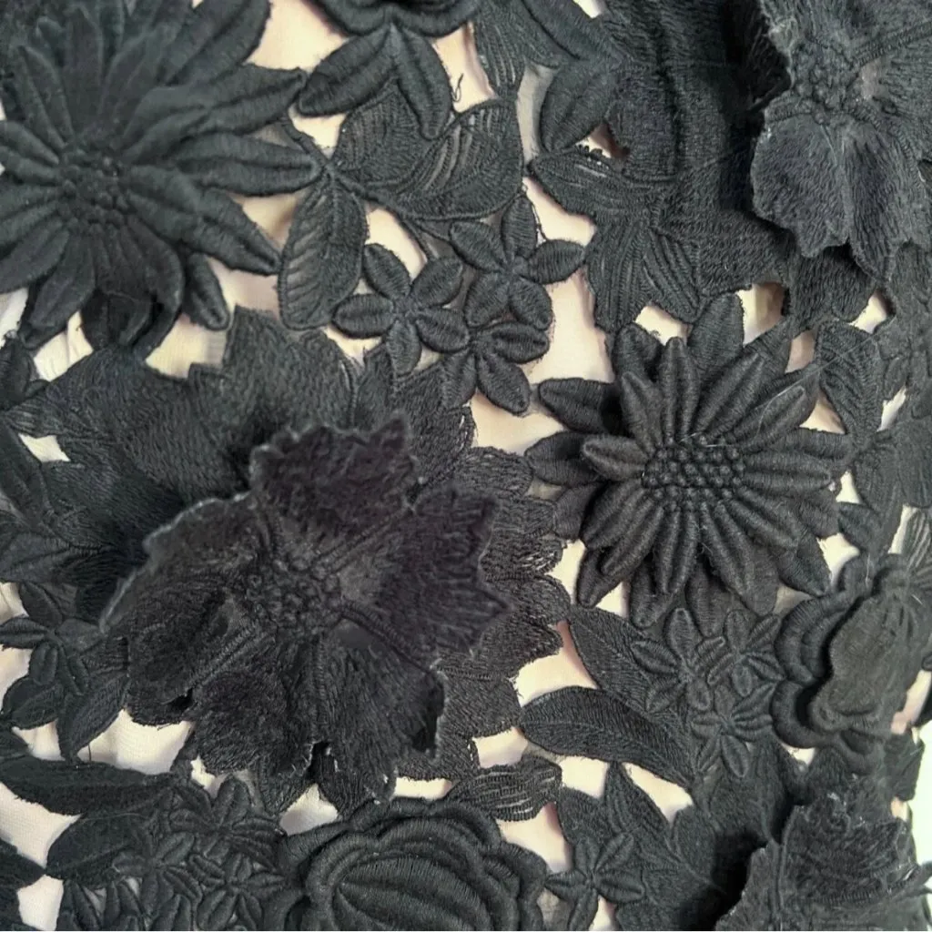 Embroidered Floral Black Lace Shift Cocktail Dress 2 Black Tie Formal Elegant - Image 7