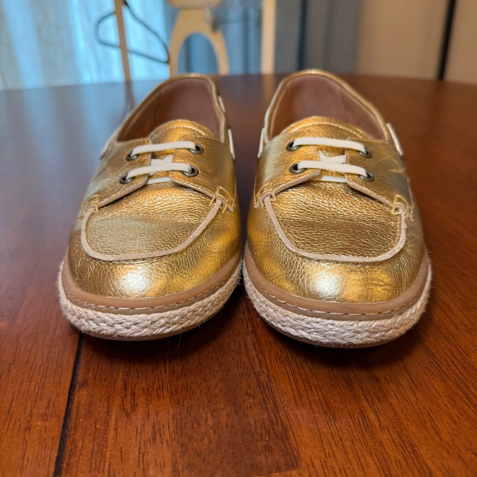 Vionic Bay Summer Loafer Boat Shoe Slip On Gold Leather‎ Jute Trim Size 10 - Image 2