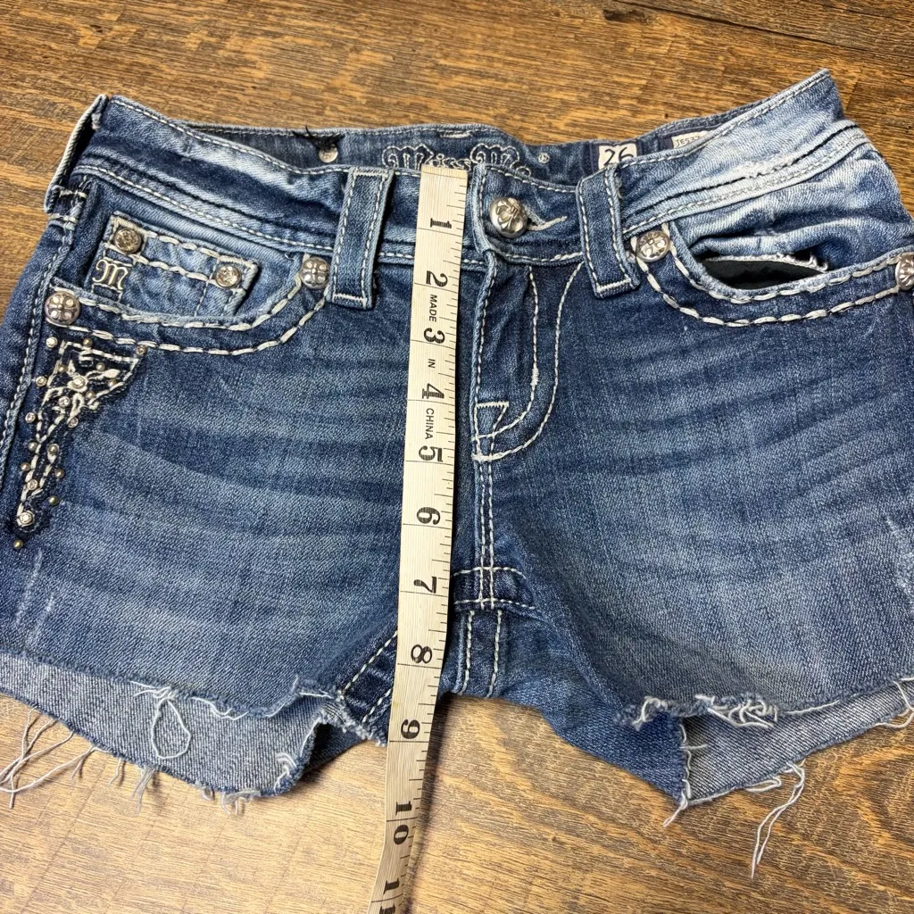 Miss Me Cut-Off Shorts Womens 26 Denim Low Rise Flap Pocket Rhinestone Bling Y2K - Image 4