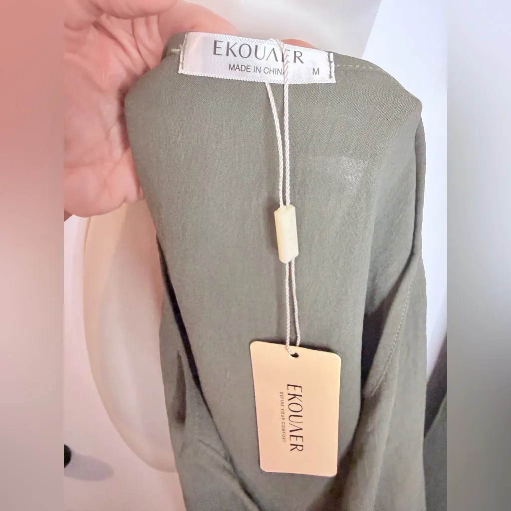 Ekouaer 2pc Lounge Set Womens M Olive Green Top & Wide Leg Pants NWT - Image 10