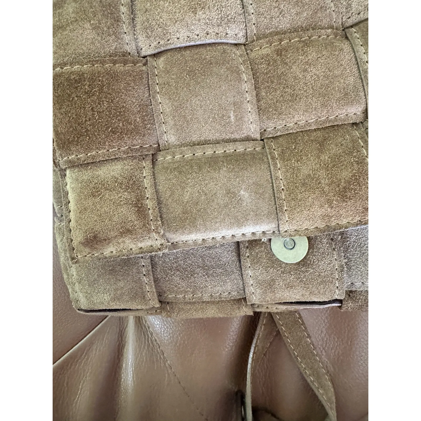 Viola Castellani Genuine Leather Cassette Bag Brown Woven Suede Crossbody Italy - Image 7