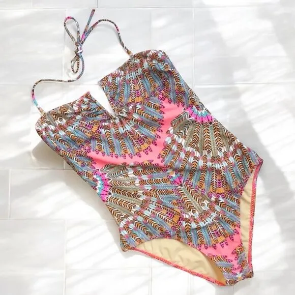 Mara Hoffman Swim One Piece Swimsuit Size Small Pink Feather Print Cutout Back - Image 1
