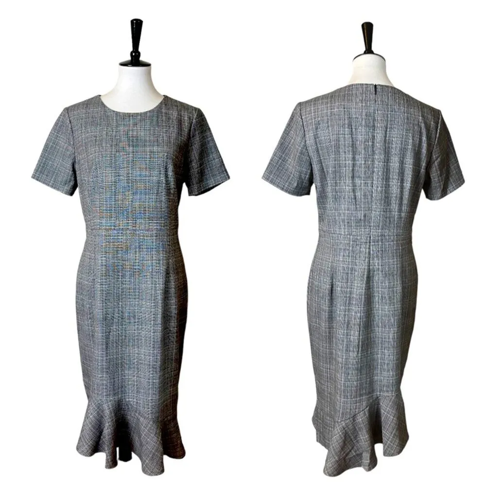 Tahari NEW Dress Sheath Ruffle Midi Hem Short Sleeve Gray Plaid Women’s Size 8 - Image 12