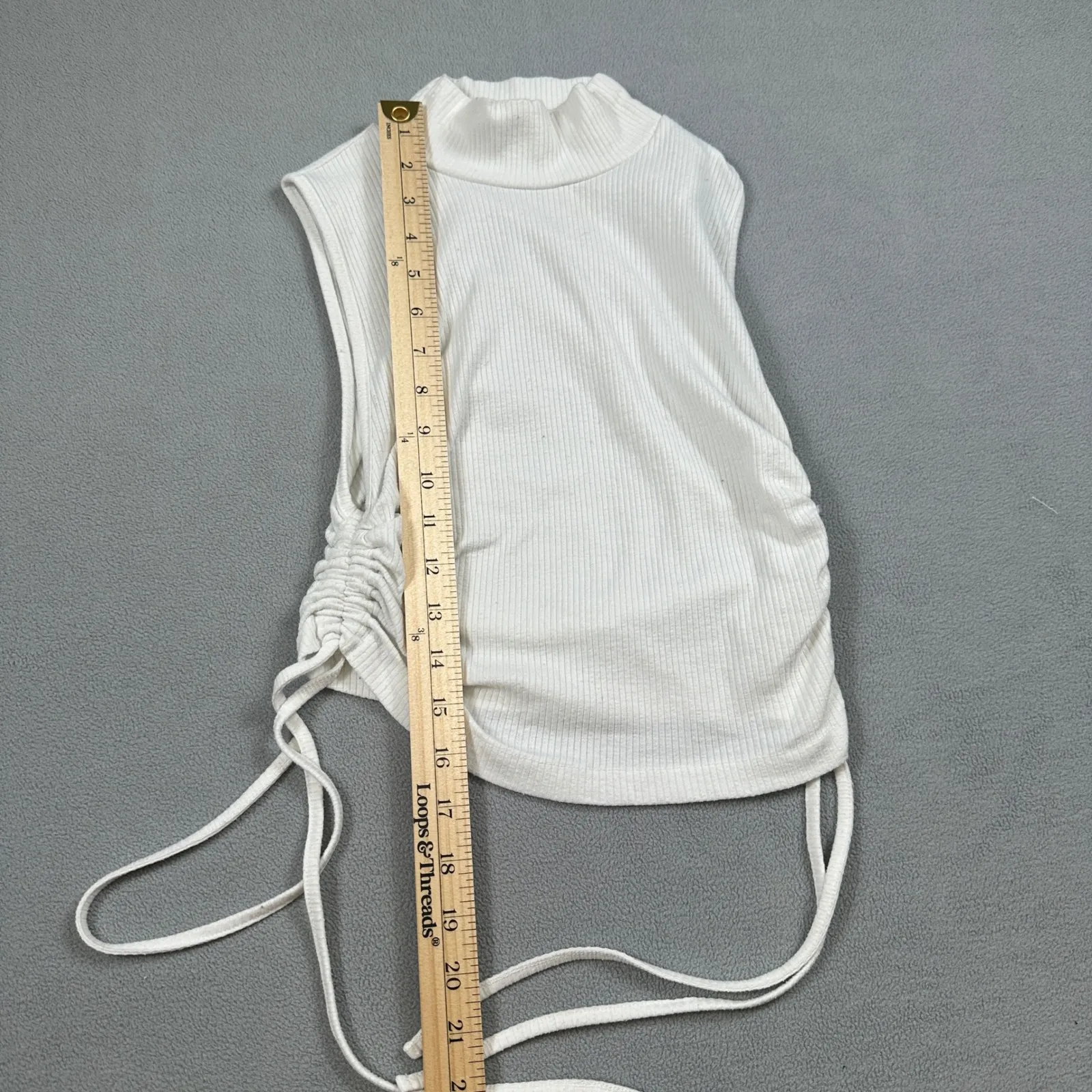 Zara Tank Top Womens S White Ribbed Mock Neck Sleeveless Ruched Drawstring Top - Image 3