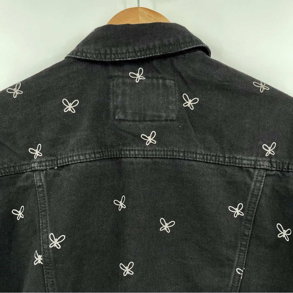 Stoosh Vintage Denim Butterfly Cropped Jean Jacket Black Size Small Button Front - Image 7