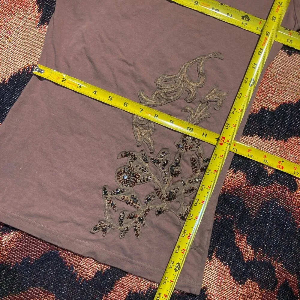 Vtg 90s Y2K baby doll graphic tee shirt tunic grunge beaded embroidered gold M - Image 4