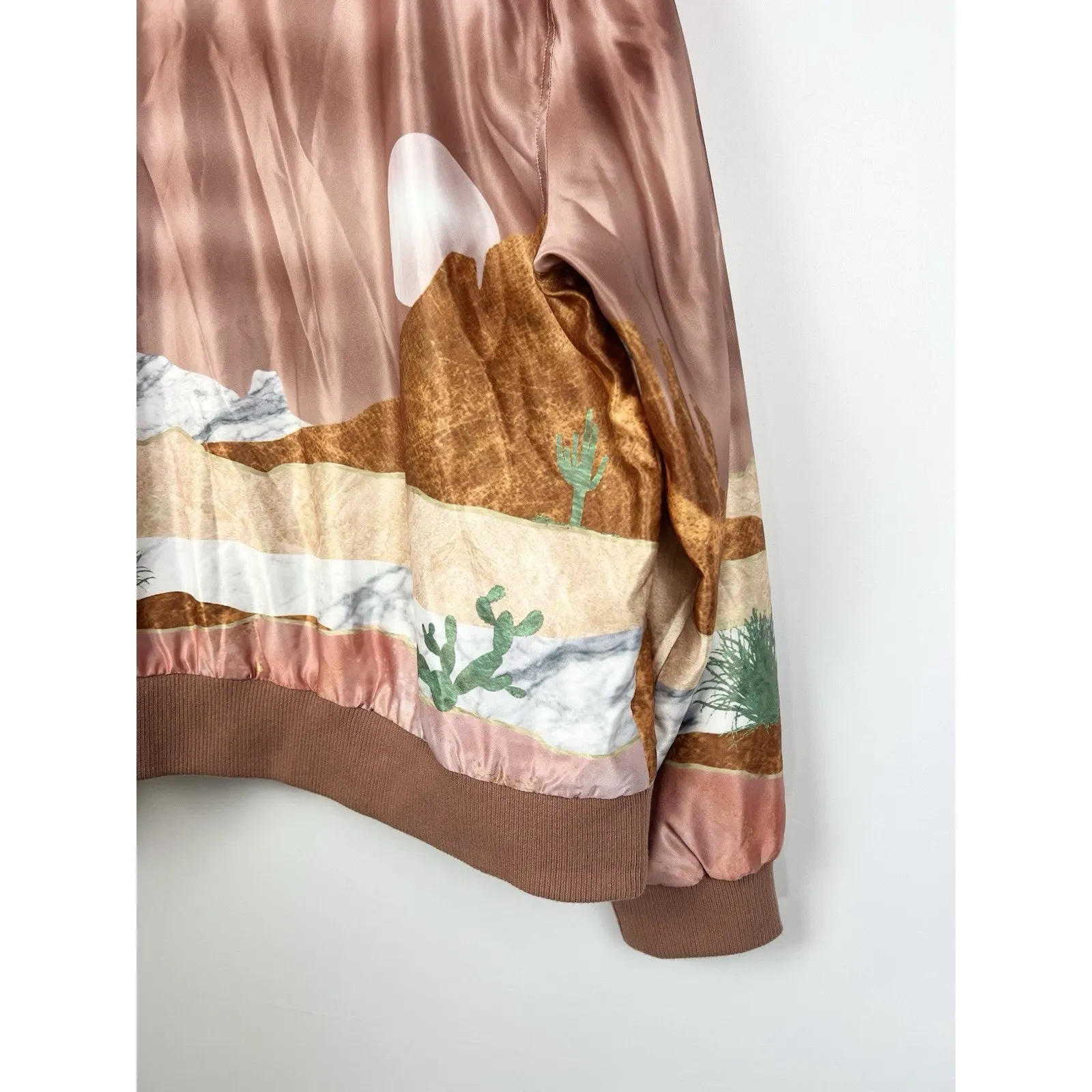Hooey Satin Bomber Jacket XL Women’s Pink Desert Western Landscape Print Zip Up Brown - Image 11