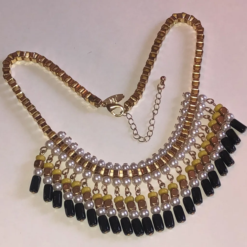 NY Brand Elegant Gold Tone Black and Yellow Beaded Boho Statement Necklace - Image 2