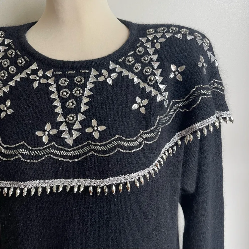 Vintage 80s Forenza Beaded Sweater Angora Silk Black Silver Rhinestone Large - Image 2