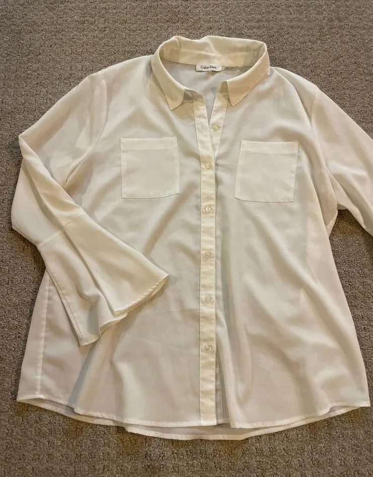 Calvin Klein White Long Sleeve Button Down Bell Top XL - Image 2