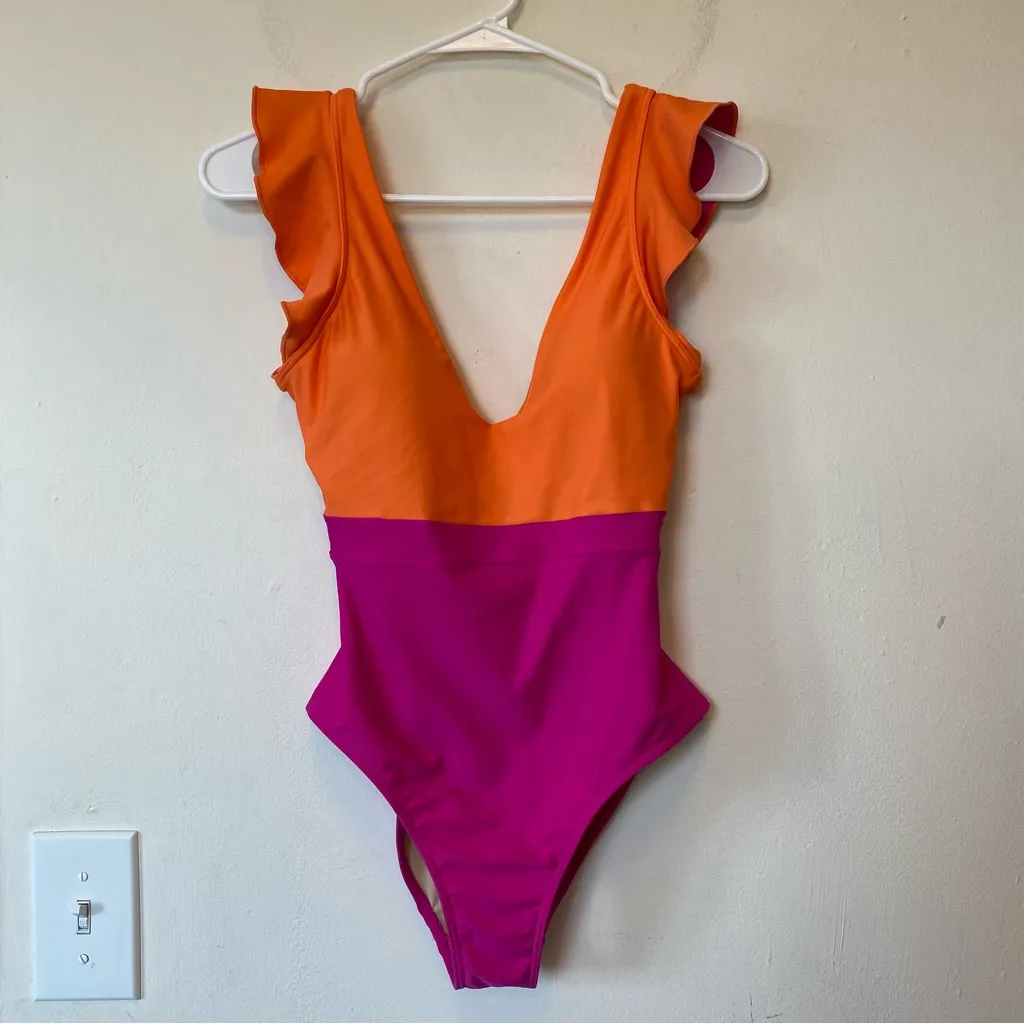 SUMMERSALT The Ruffle Backflip Colorblock One Piece Swimsuit Pink Orange Sz 2 - Image 4