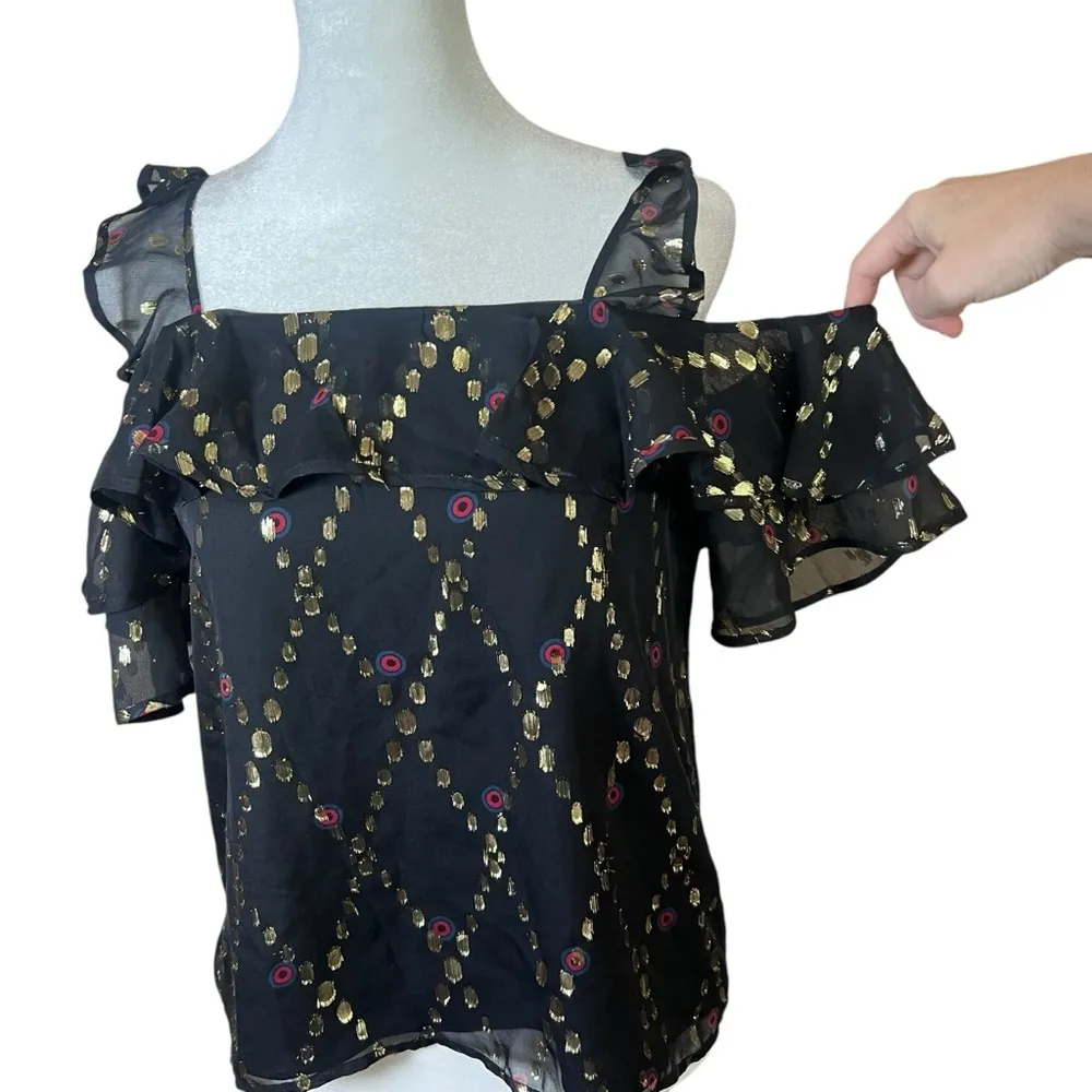A.L.C. Willow Black Silk Gold Metallic Festive Sleeveless Shirt Top Sequins Sz 0 - Image 4