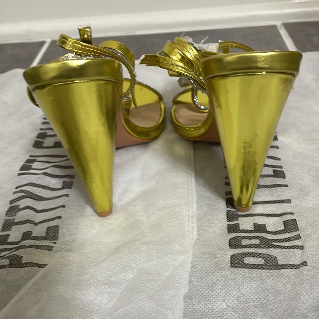 PrettyLittleThings‎ GOLD DIAMANTE LACE UP CONE HEELS size 5 - Image 6
