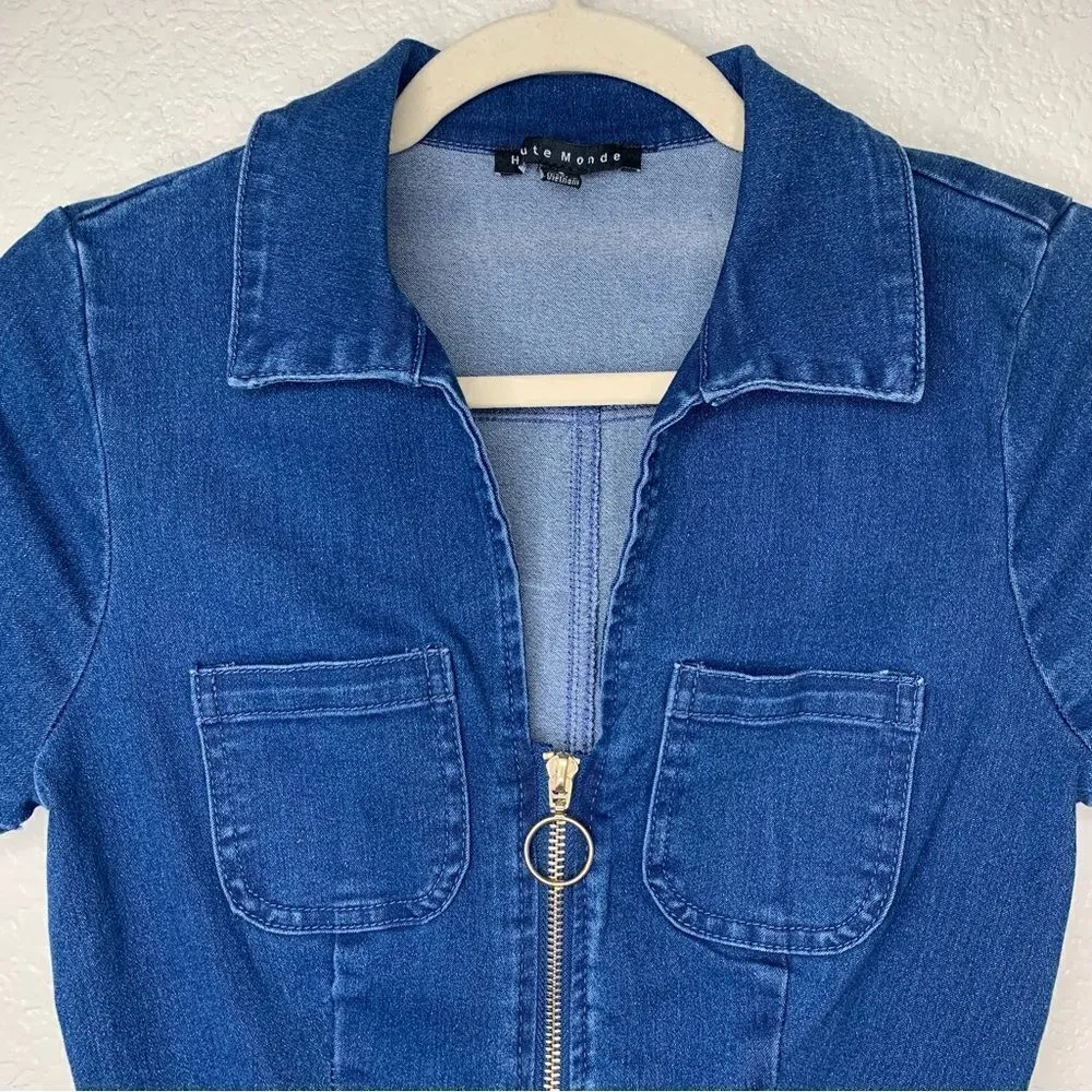 NWOT Haute Monde Zip Up Front Denim Short Sleeves Bodycon Jumpsuit - Image 4