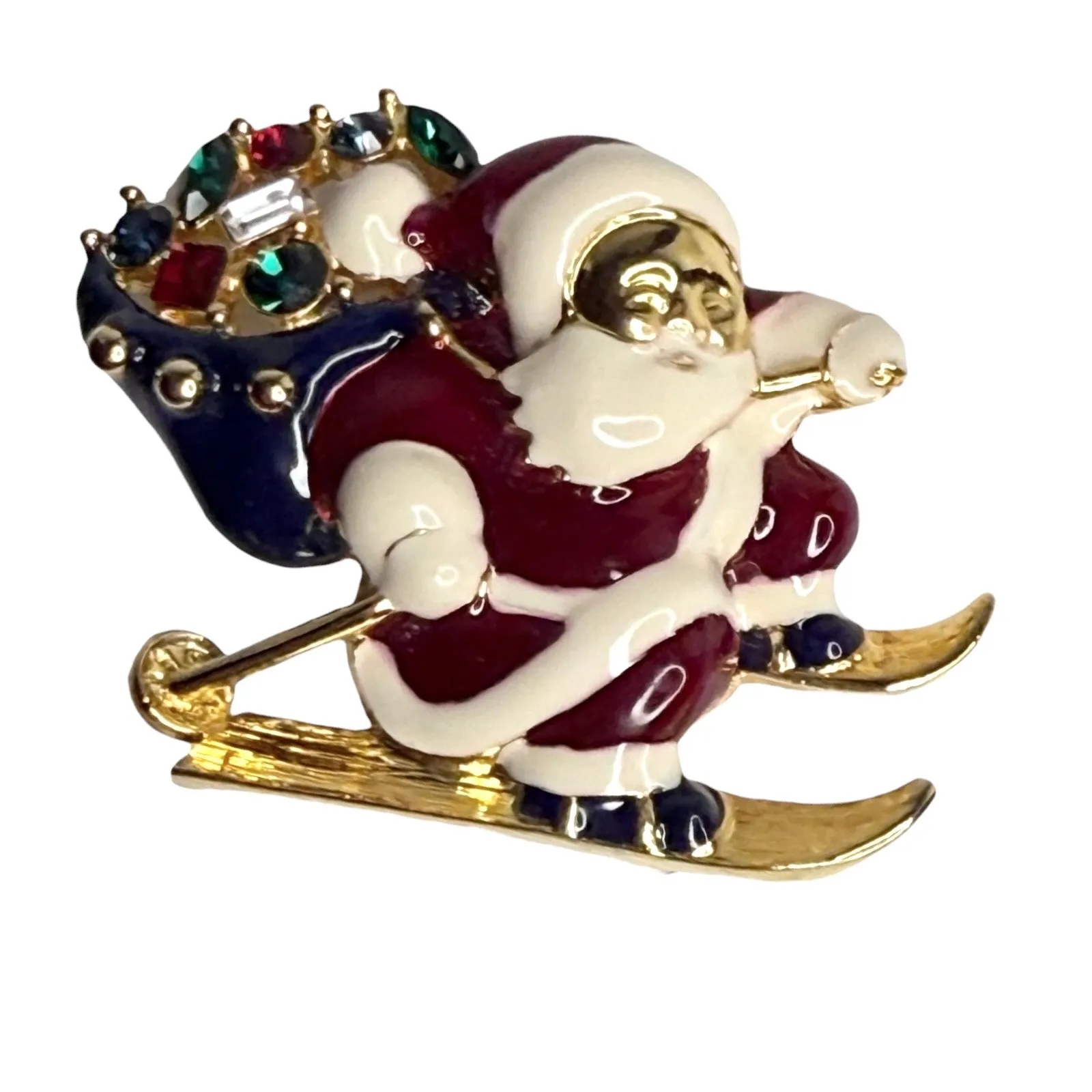 Santa On Sleigh Christmas Brooch Pin 2" Pendant Rhinestone Crystal Accents Vtg Gold - Image 3
