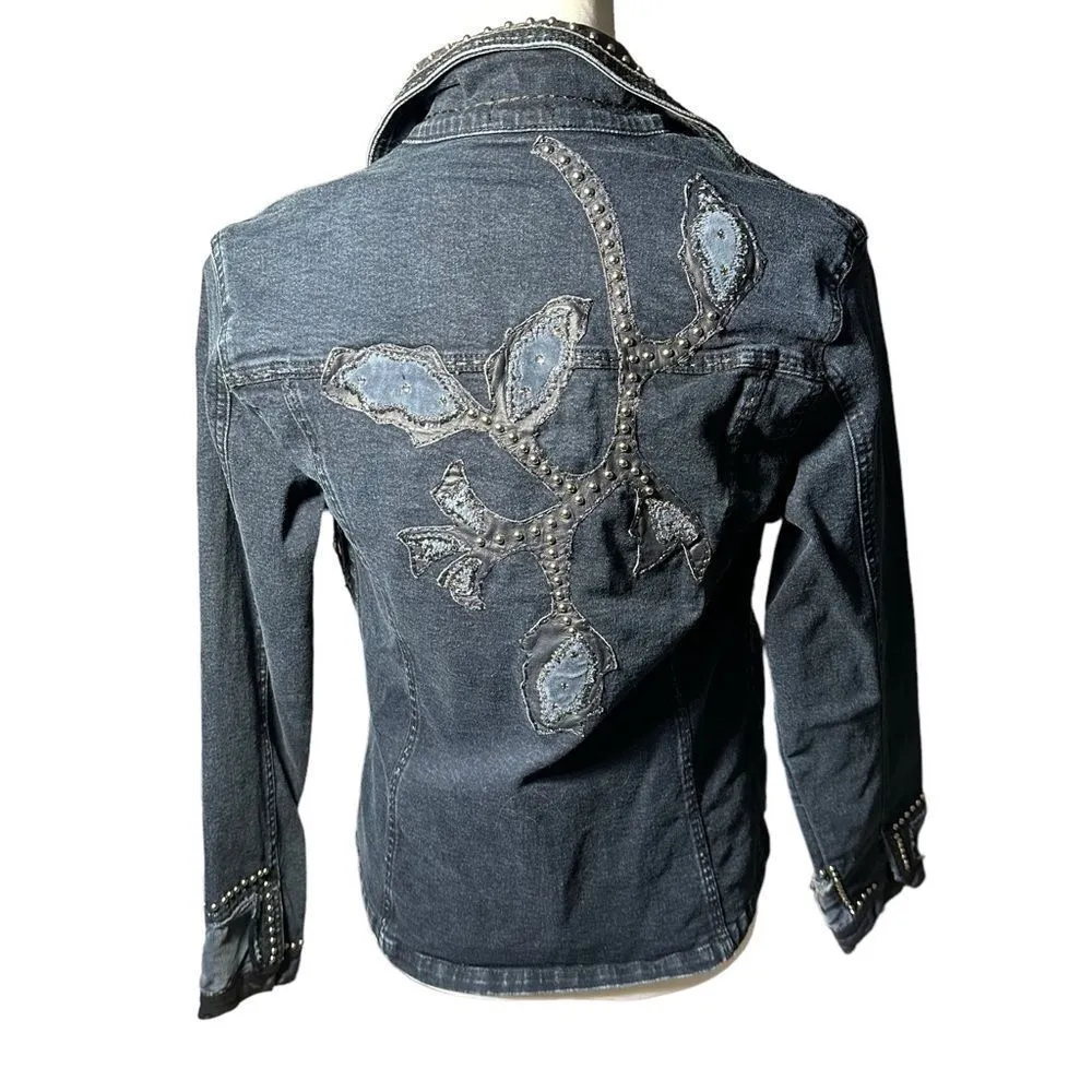 Brazil Roxx Women’s Distressed Embellished Studded Denim Jean Jacket Sz Small Blue - Image 6