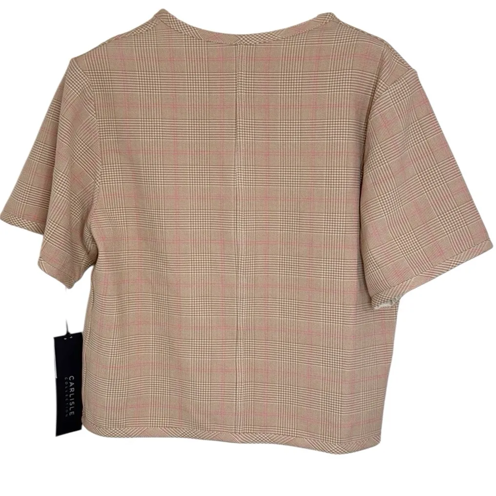 Carlisle Bastille Beige/Pink Checkered Glen Plaid Front Zip Jacket Vest size 6 - Image 2