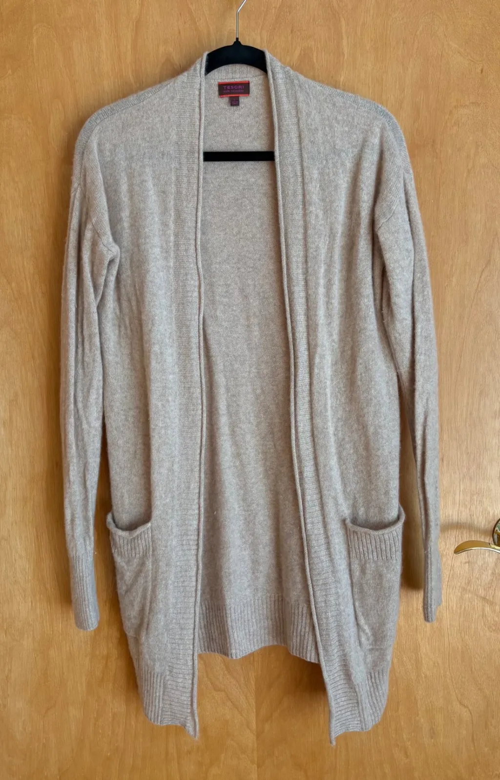 Tesori 100% Cashmere Open Front Cardigan Sweater, Longline, Soft, Beige, Women's Tan - Image 1