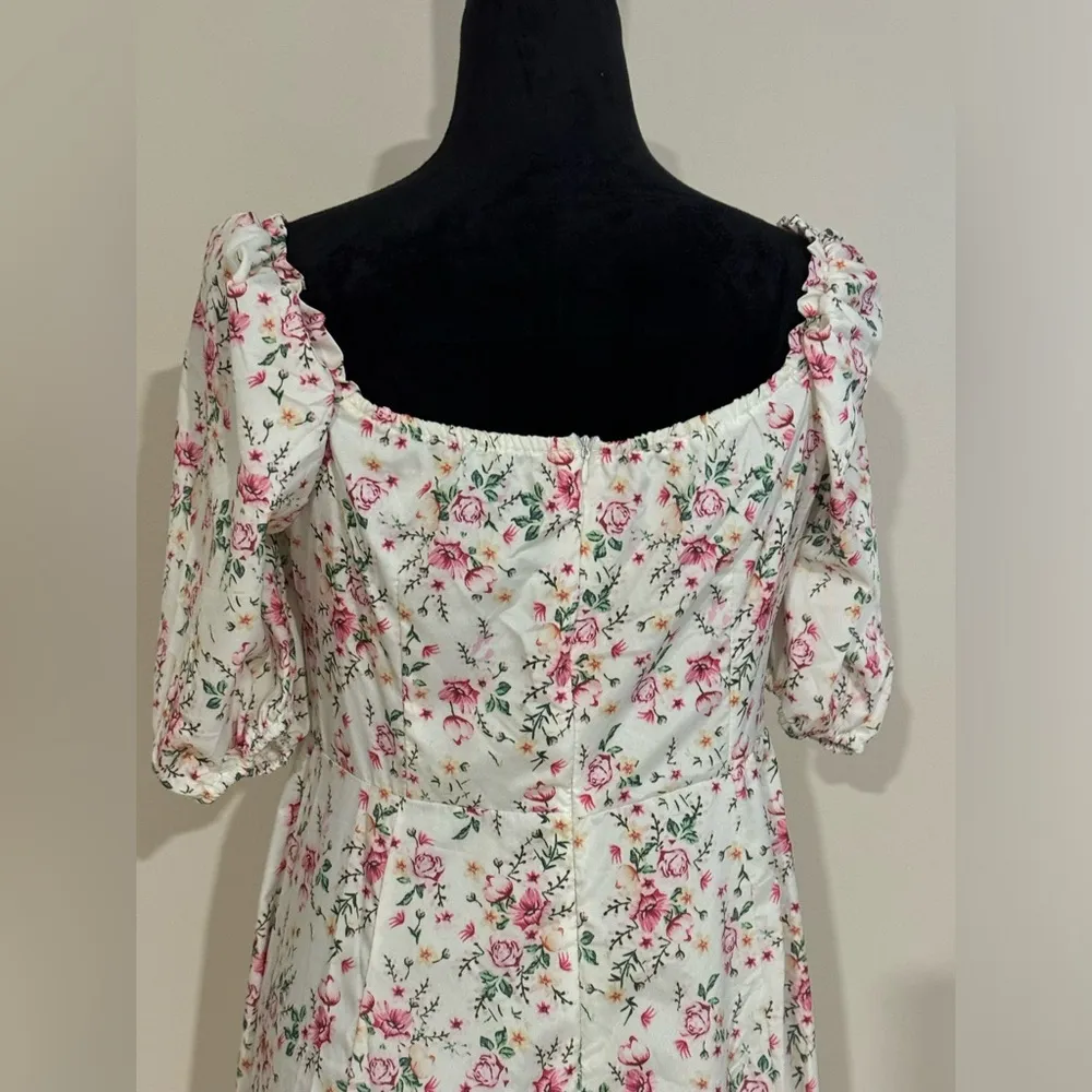 EUC Women's White and Pink Bohemian Floral Print Puff Sleeve Dress Size Medium - Image 6