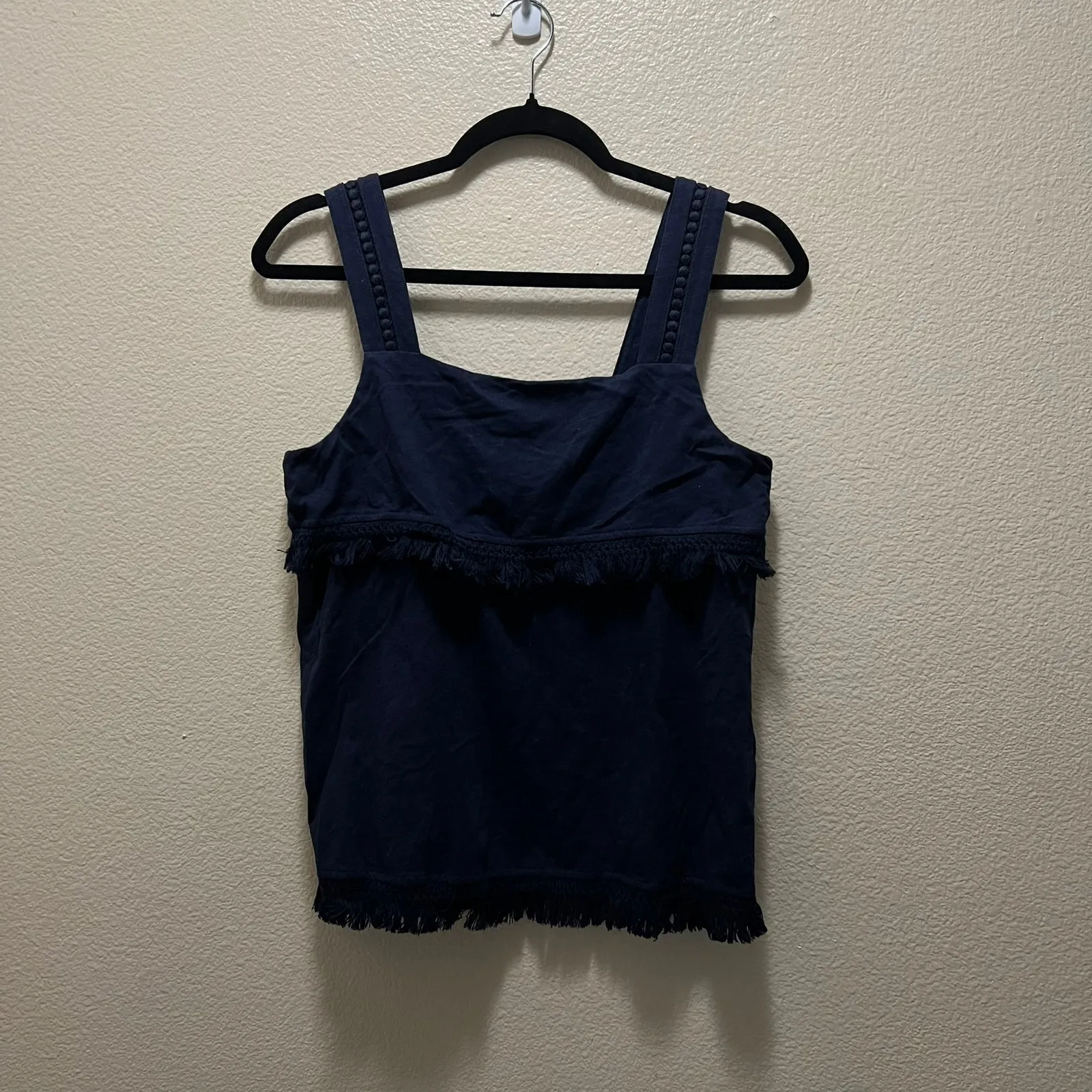 J. Crew Fringe Tank Top Navy Blue Square Neck Sleeveless Cotton Sz XS - Image 2
