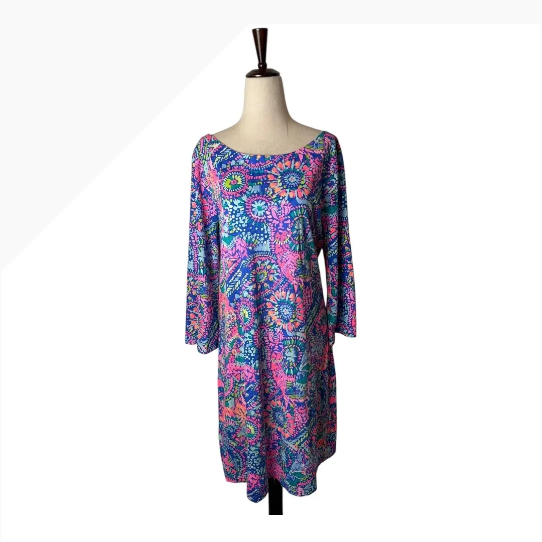 Lilly Pulitzer Bay Dress Women Large Blue Pink No Prob Llama Cutout‎ Back Boho - Image 2