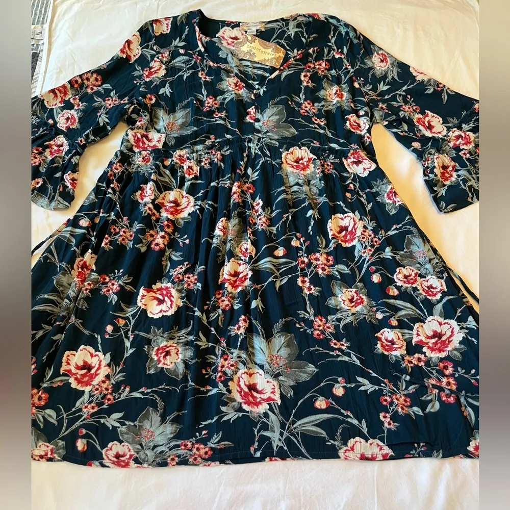 BOG Collective Casual Boho Mini Dress Blue Floral Size 2X NWT - Image 3