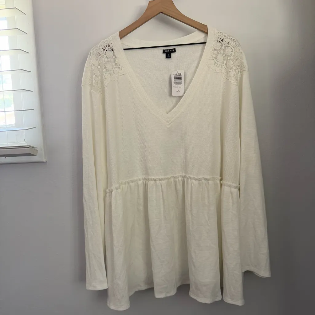 Torrid 3X NEW Knit V Neck Lace Long Sleeve Babydoll Top Ivory Coquette Fall - Image 8