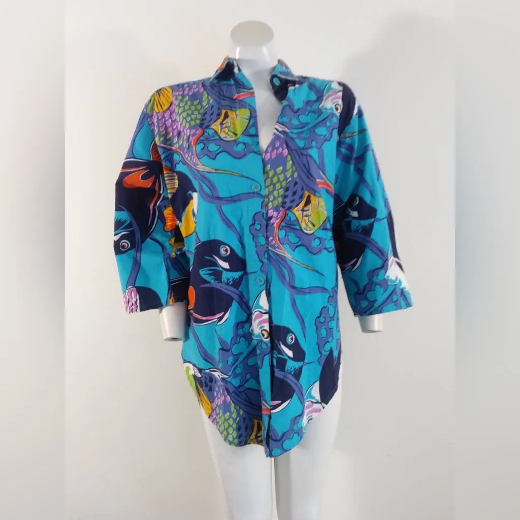 Vintage 80s 90s Fish Aquarium Blue Button Down Shirt Abstract Hawaiian XL - Image 3