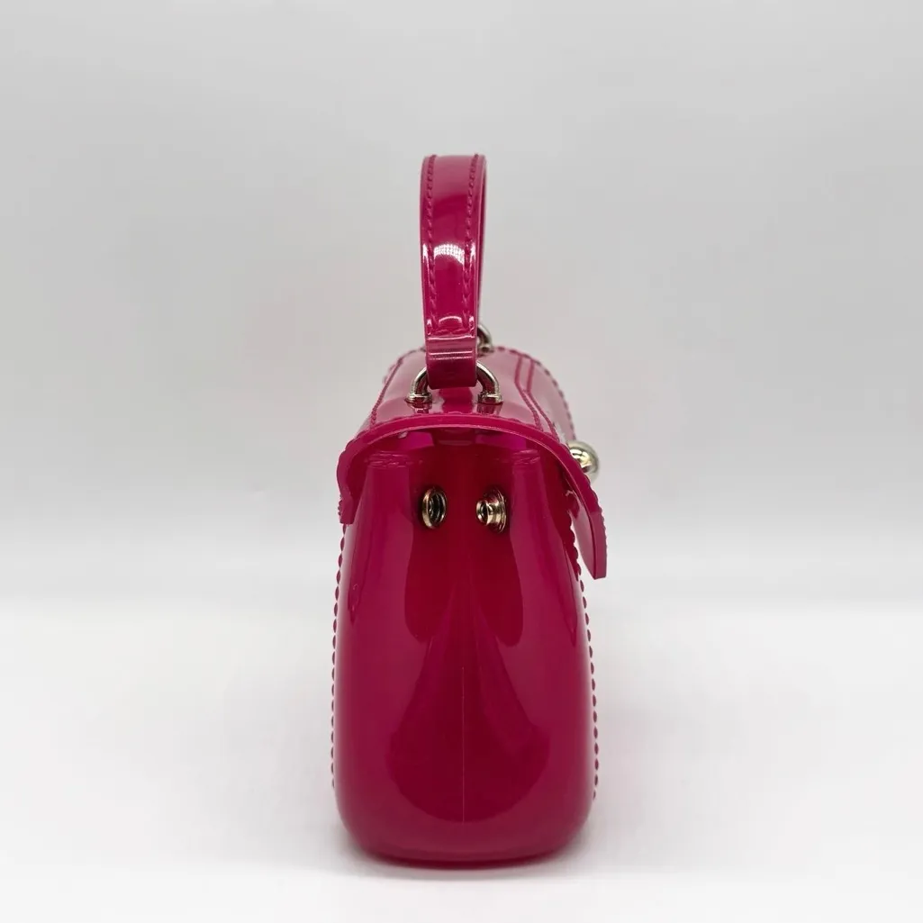 Furla Candy Mini Hot Pink Patent Mini Top-Handle Purse Gold Turn-Lock Preowned - Image 5