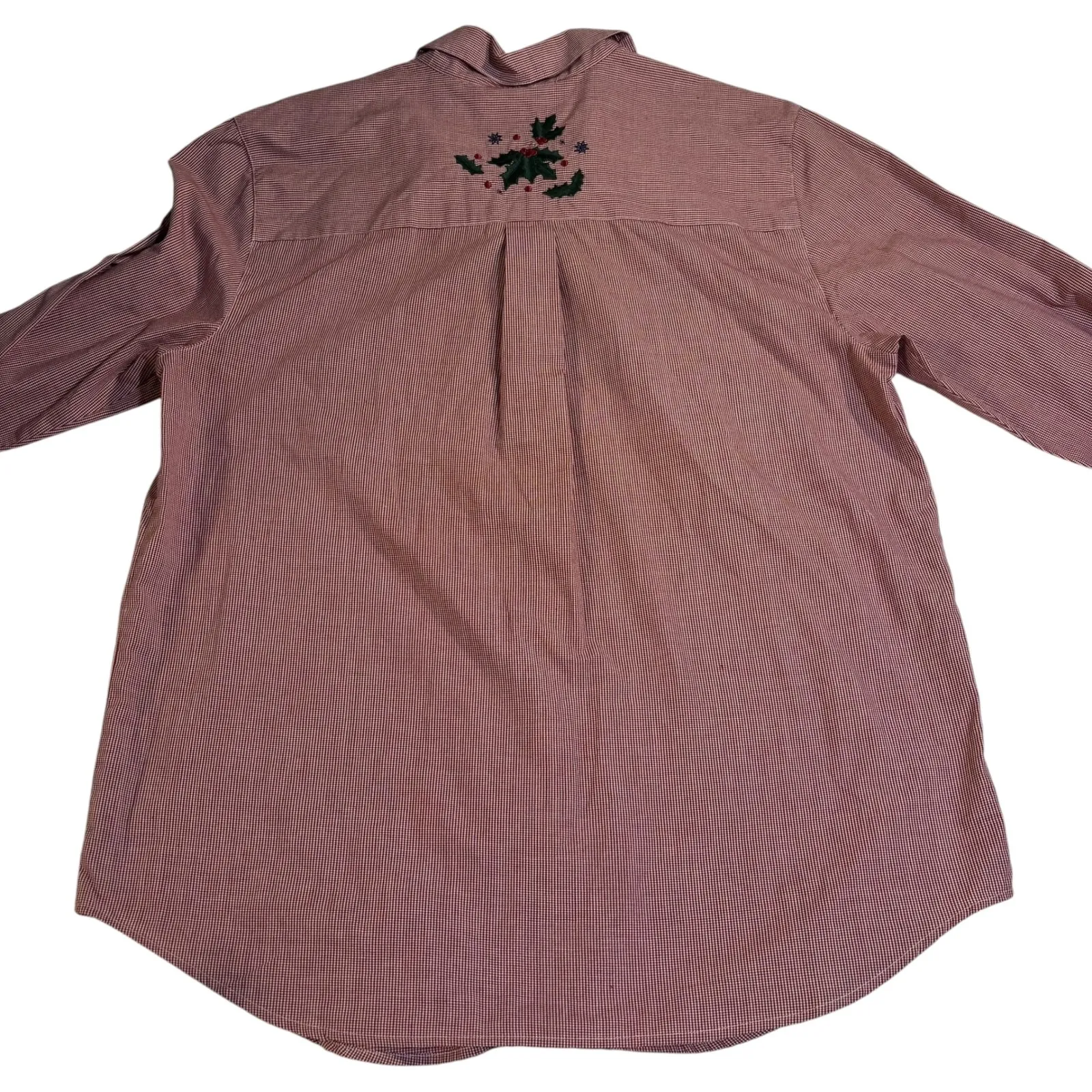 Karen Scott Women's Red Gingham Christmas Holiday Holly Berry Embroidered‎ Shirt - Image 2