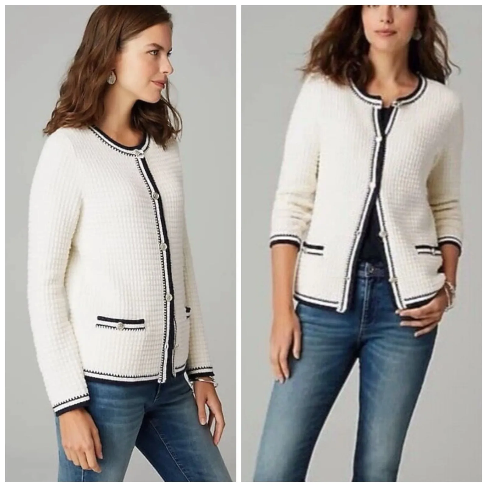 J. Jill Cardigan S L Contrast Trim Sweater Jacket Nautical Coastal‎ Beach Preppy - Image 2