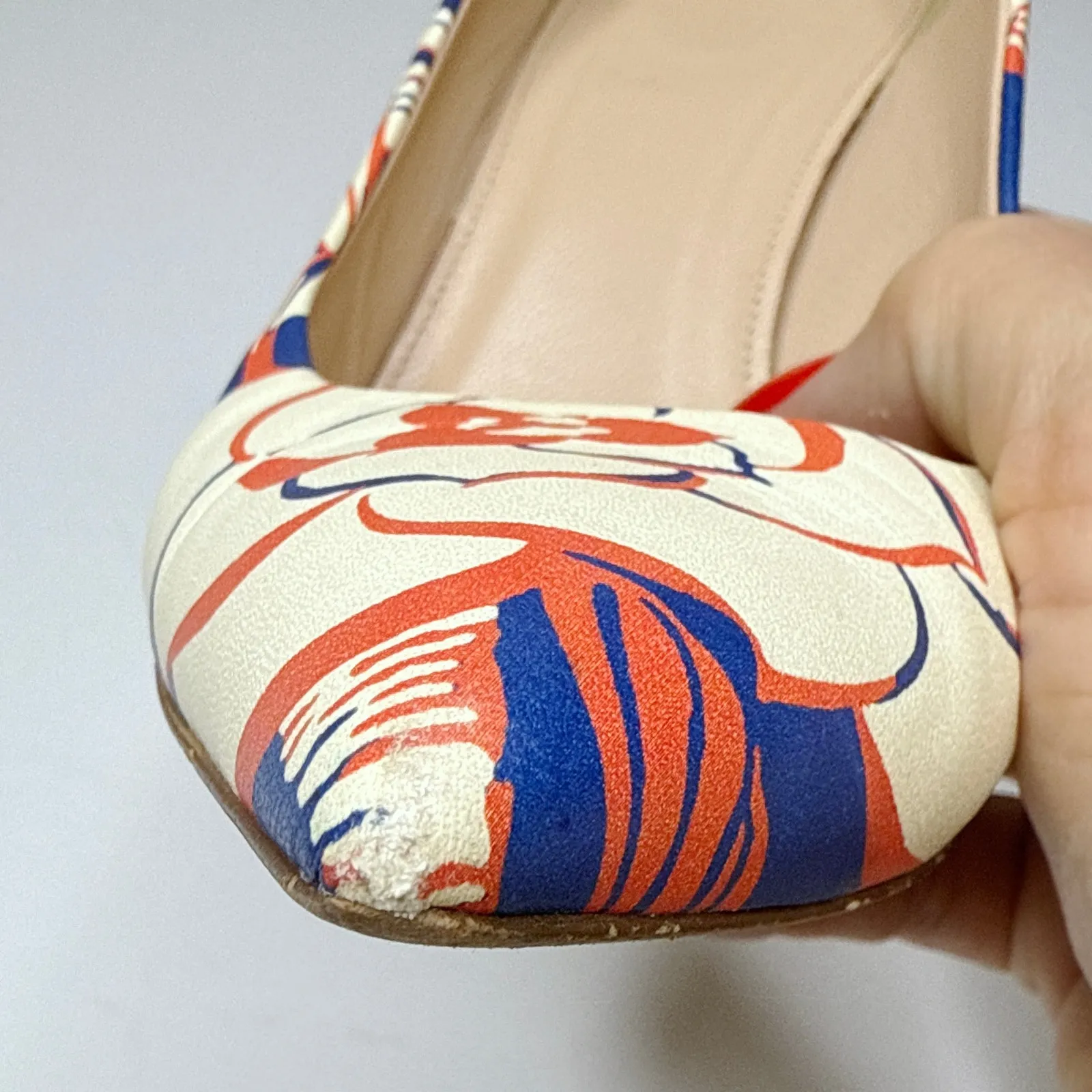 J.Crew Italian Made Leather Floral Heels Size 7.5 Cream‎ Blue Red Print 4" Heel - Image 13