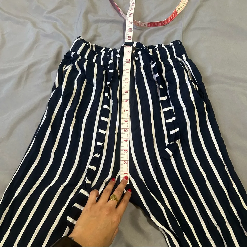 Navy and white striped high-waisted wide-leg flowy trousers - Image 2