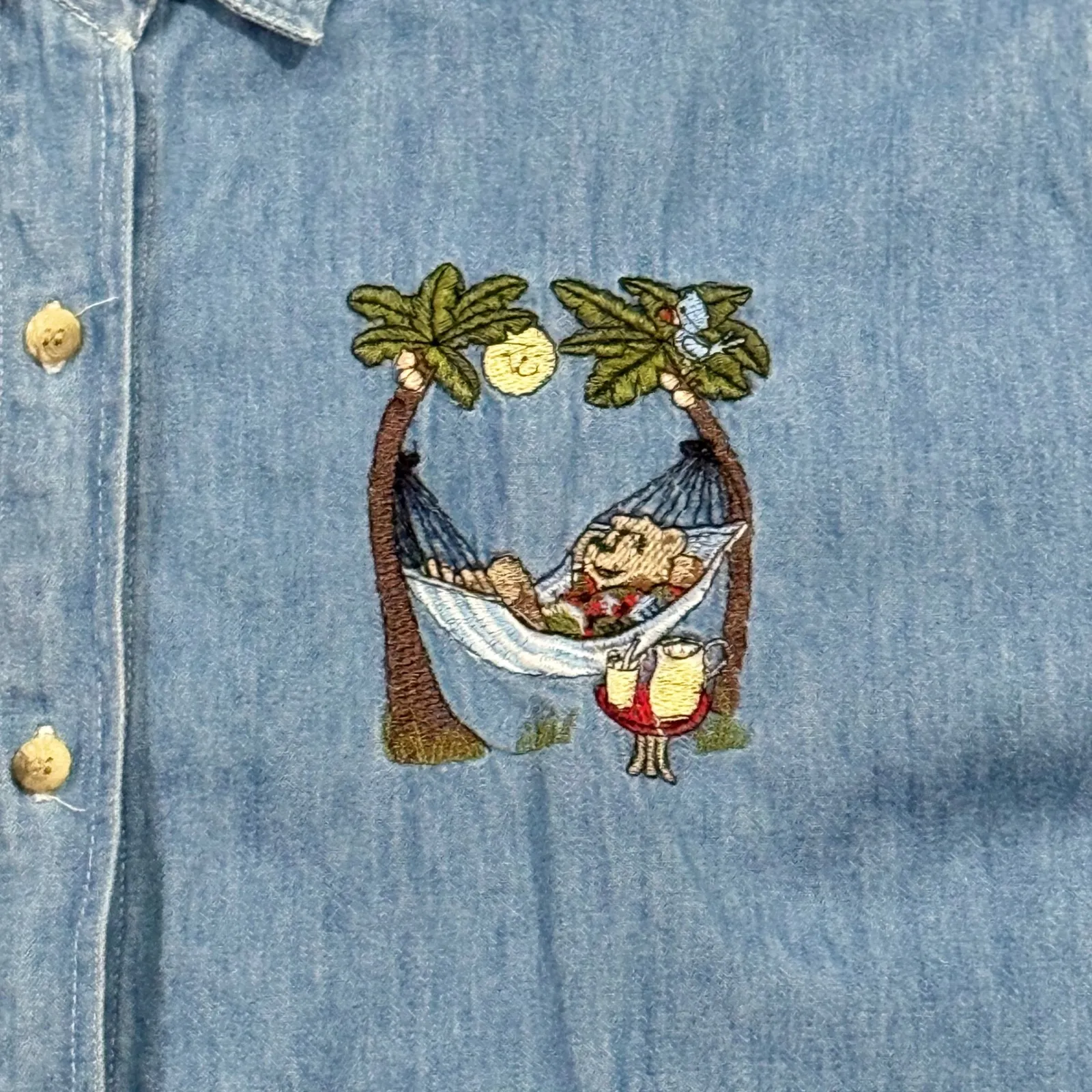 ALLYSON Whitmore Womens Denim Shirt Bears Hammock Embroidery Short Sleeve 2X Blue - Image 3