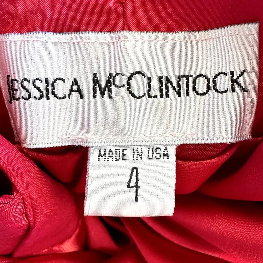 VTG Jessica McClintock Evening Gown Plunge V Sweetheart Neck Ruffle Prom Red 4 - Image 3