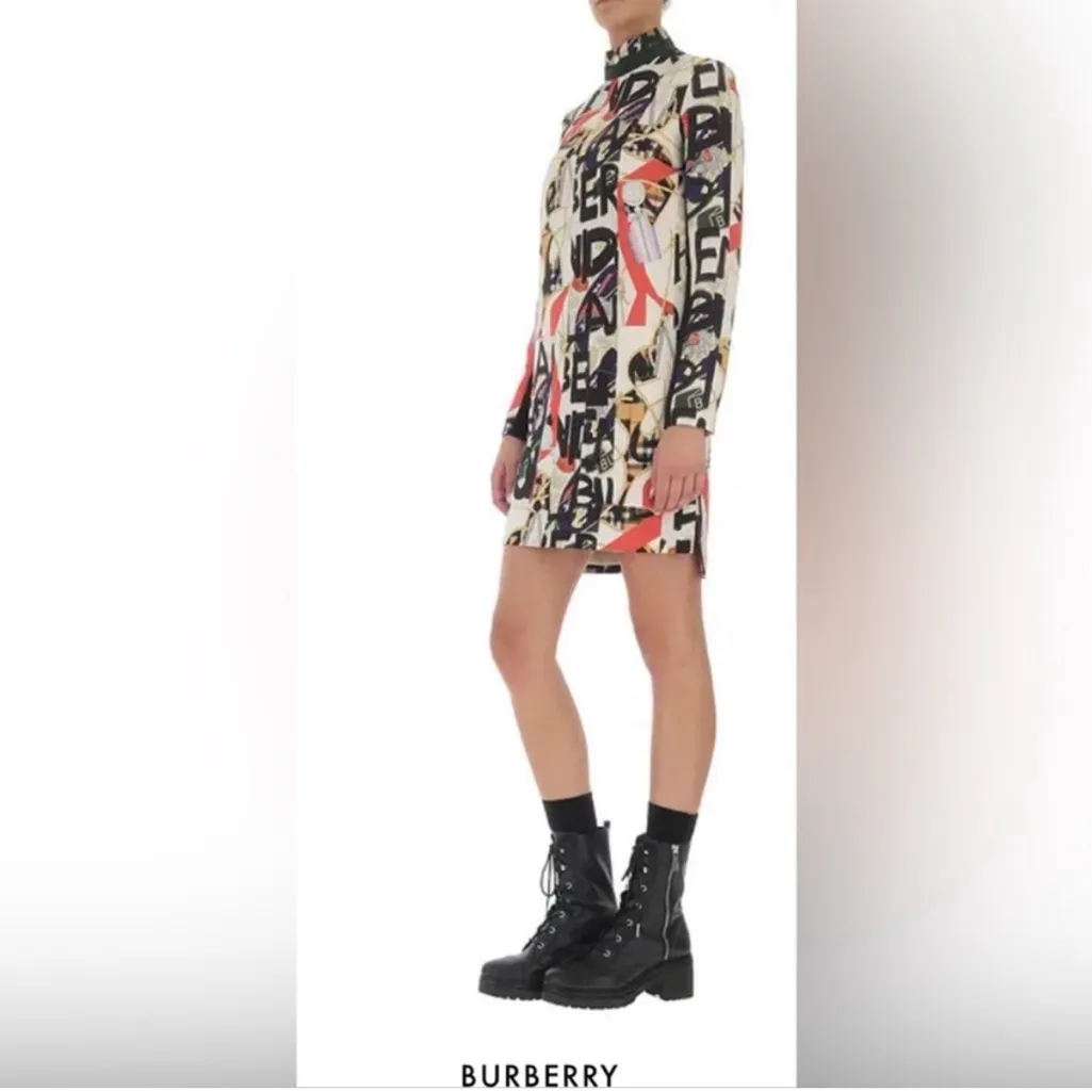 Burberry London Zoya High-Neck Graffiti Print Mini Dress Silk Wool Size 0 NWOT - Image 3