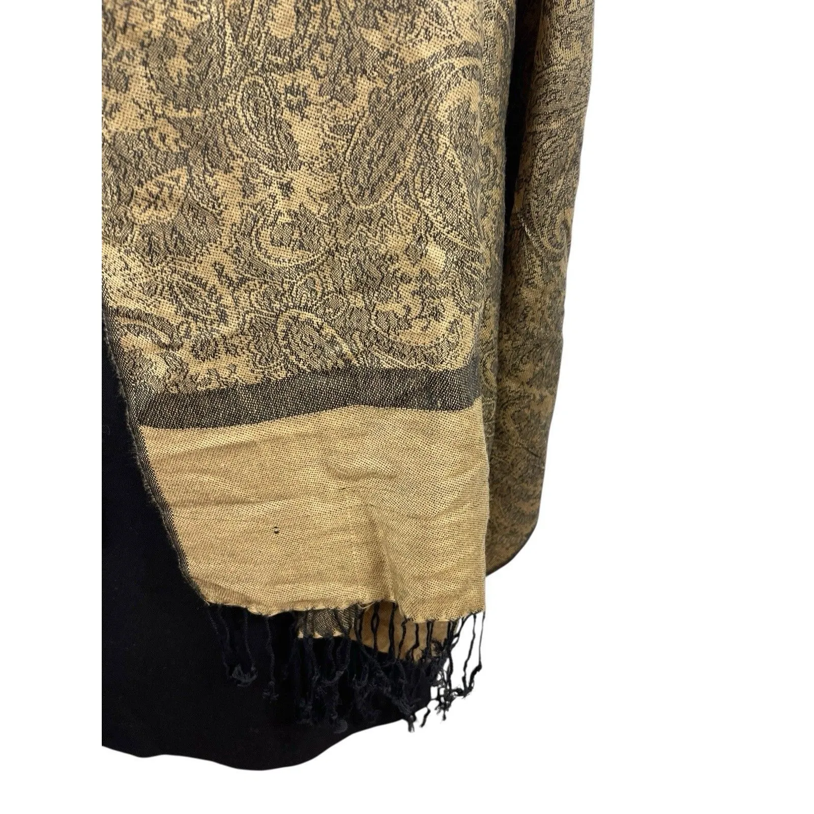 Pashmina Silk Blend Shawl Wrap Scarf Tan Black Paisley Jacquard Fringe Elegant - Image 3