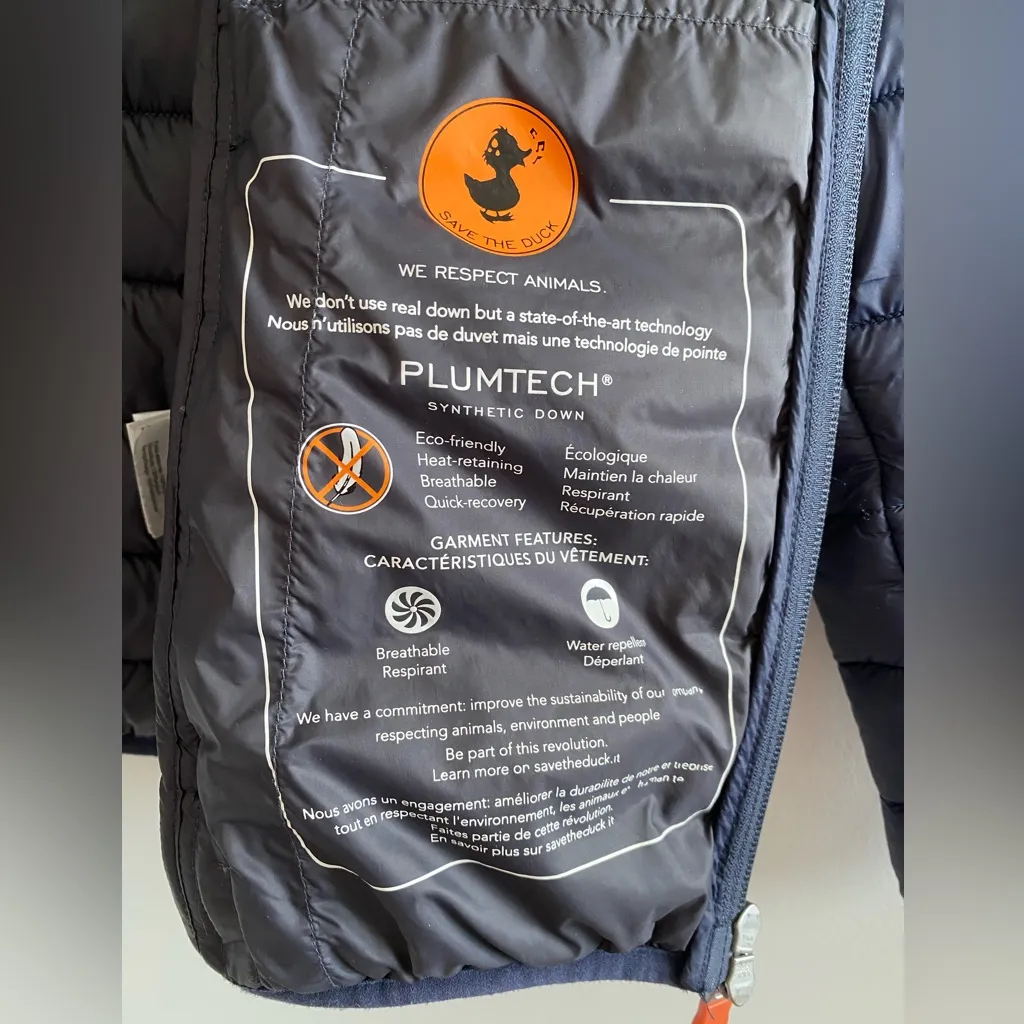 SAVE THE DUCK Navy Daisy Packable Puffer Hoodie Ultra Light Jacket Size Large Blue - Image 12