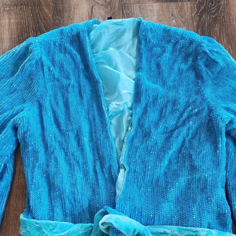 Retrofete Gabrielle Robe Dress in Blue Sequins Size XS NWOT Long Sleeve Belt - Image 3