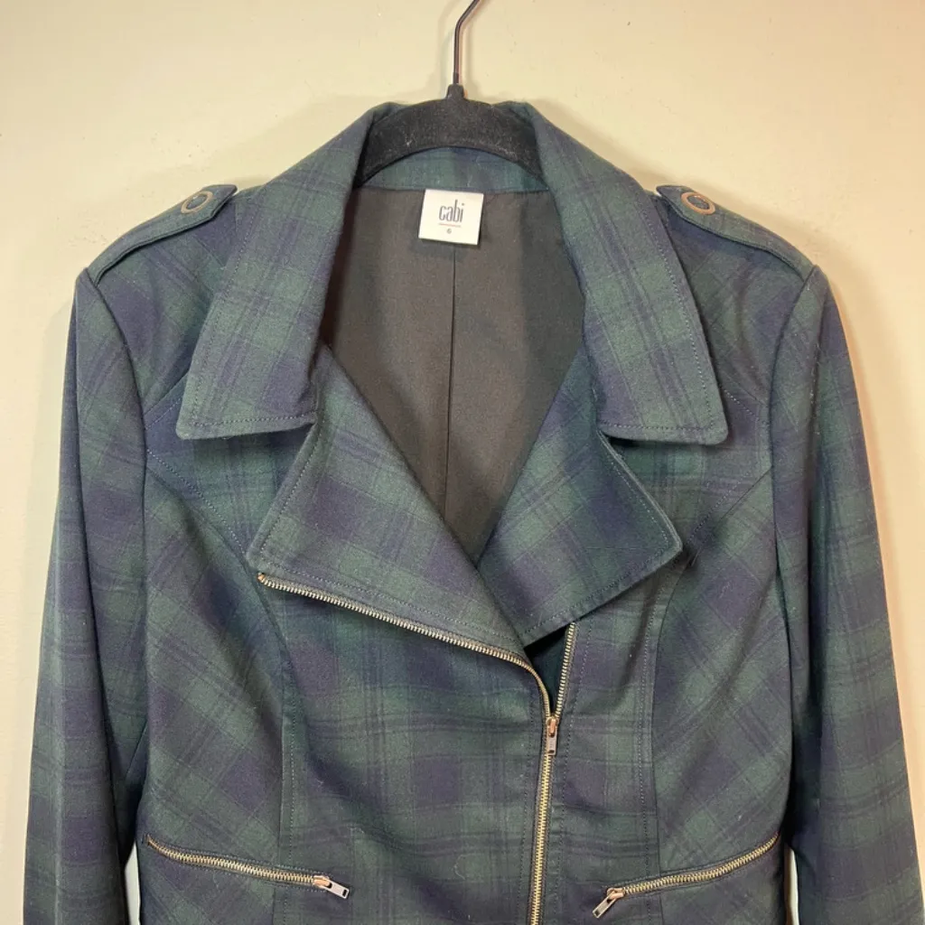 Cabi Tartan Plaid Asymmetrical Zip Moto Jacket Blazer Blue Green Academia Size 6 - Image 3