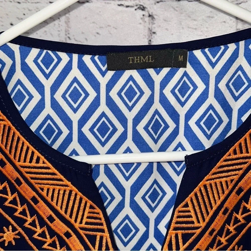 THML Anthropologie Blue Geometric Print Sleeveless Blouse with Embroidery Detail - Image 6