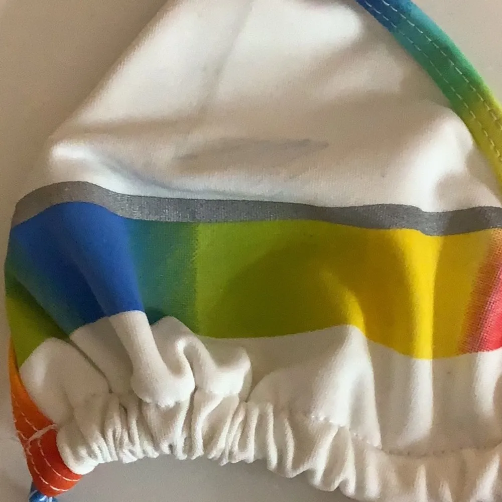 Zuliana white with striped design bikini vintage. Has markings on bikini top. - Image 2