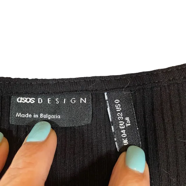 ASOS Black Ribbed Fitted Cotton Blend Stretch Long Sleeve Shirt Women Sz 0 - Image 4